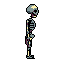 This pixel art image features a stylized skeleton rendered in cool tones, standing starkly against a black background. The simple design and slightly agape jaw evoke a sense of quiet morbidity.