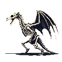 This pixel art showcases a skeletal dragon in profile, wings spread and jaw open in a silent roar. The muted color palette and detailed bone structure create an eerie and gothic feel.