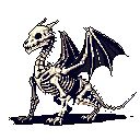 A striking pixel art image features a complete skeletal dragon in a near-profile pose, its bony form rendered in creamy off-white against a stark, dark background. The eerie, monochromatic design evokes a sense of fantasy and the undead.