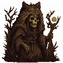 A cloaked skeletal figure with a wolf's head headdress emerges from a murky landscape. This ominous pixel art evokes a sense of dark fantasy with its central figure and muted color palette.