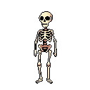 This pixel art image features a beige skeleton standing starkly against a black background. Rendered with subtle shading, the detailed bones create a minimalist yet eerie representation of mortality.