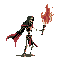 A pixelated skeletal warrior, cloaked and armed with a fiery torch, stands ready against the darkness. This retro-styled undead figure evokes a sense of danger and fantasy.