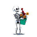 A whimsical pixel art image shows a skeleton tenderly holding a pot of vibrant red and orange flowers, a playful juxtaposition of life and death.
