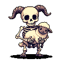 This pixel art depicts a cartoonish skeleton with curled horns tenderly holding a smiling, fluffy sheep. The endearing yet slightly macabre image features a limited color palette against a void backdrop.