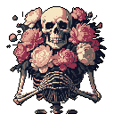 A pixel art skeleton, from the torso up, is adorned with a dense bouquet of muted pink and beige flowers, creating a striking juxtaposition of life and death. The skull and ribcage stand in stark contrast to the surrounding floral arrangement, set against a solid black backdrop.