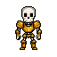 A regal skeleton warrior stands ready, adorned in gleaming golden armor against a stark black backdrop. The pixel art design evokes a stoic and imposing figure, hinting at a character of strength and authority.