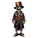 A stylish steampunk skeleton, complete with copper top hat and ornate coat, stands against a stark background, blending macabre elements with inventive fashion.