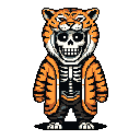 This pixel art image features a skeletal figure playfully disguised in a tiger costume, creating a striking contrast between cute and morbid. The orange and black striped suit, complete with a hood and ears, is juxtaposed against the stark white and gray of the underlying skeleton.