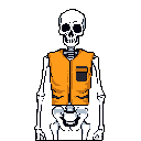 This pixel art shows a skeleton wearing an orange safety vest, a humorous and slightly unsettling juxtaposition of mortality and the mundane. The stark black background emphasizes the figure and its unusual attire.