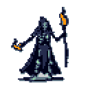 A mysterious, cloaked necromancer with a skeletal face holds a glowing flame and staff, radiating an ominous presence. The pixel art highlights the contrast between the figure's dark robes and the vibrant orange flames.