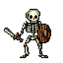 A pixelated skeletal warrior stands ready for battle, sword in hand and shield raised, embodying a classic fantasy enemy. The retro art style adds a touch of old-school charm to this foreboding figure.