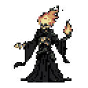 A spectral figure cloaked in dark robes stands with its head ablaze, extending a flaming hand, creating a mysterious and ominous pixel art image.