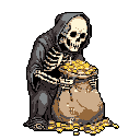 A pixel art Grim Reaper, cloaked and skeletal, intensely gazes at an overflowing sack of bright gold coins, creating a macabre yet intriguing scene of greed and mortality.