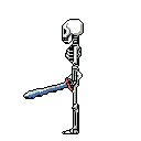 A pixelated skeleton figure stands in profile, clutching a downward-pointing sword, rendered in stark white, grey, and black against a solid blue background. The rigid pose and simple color palette evoke a gothic fantasy vibe.