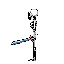 This pixel art image features a stylized skeleton in mid-stride, rendered in stark white, gray, and black with subtle red accents. The retro design and eerie subject matter evoke a nostalgic video game vibe.