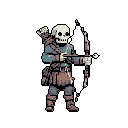 A skeletal archer, rendered in pixel art, stands ready to fire an arrow, embodying a formidable undead warrior. The detailed design and muted color palette create a somber, dark fantasy aesthetic.