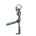 A pixel art skeleton stands ready, sword in hand, its stark white bones contrasting against a solid blue backdrop. The simple design evokes a retro gaming aesthetic with a touch of gothic flair.