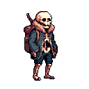This pixel art depicts a stoic skeleton, clad in a hooded coat and backpack, possibly armed with a sword. The muted color palette and relaxed pose create a melancholic yet adventurous vibe.