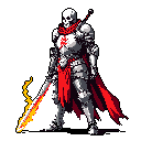 A formidable skeleton knight in gleaming armor stands ready, a flaming sword held high, embodying dark fantasy and imposing power. The red cape and glowing blade provide stark contrast, drawing focus to the skull ornament and chest plate symbol.