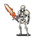 A pixel art skeleton warrior stands defiantly, its bone armor contrasting with the fiery glow of the sword it wields. The undead figure exudes power with its flaming blade.