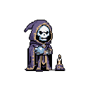 This pixel art depicts a stylized Grim Reaper holding a glowing blue orb, its presence both solemn and mysterious. A small, lit candle adds to the quiet, contemplative mood. The figure's design and color palette evoke a classic fantasy RPG aesthetic.