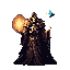A powerful mage commands a glowing orb in this pixel art, radiating magical energy. The figure stands tall, a mysterious sprite watching over their shoulder, immersed in a black scenery.