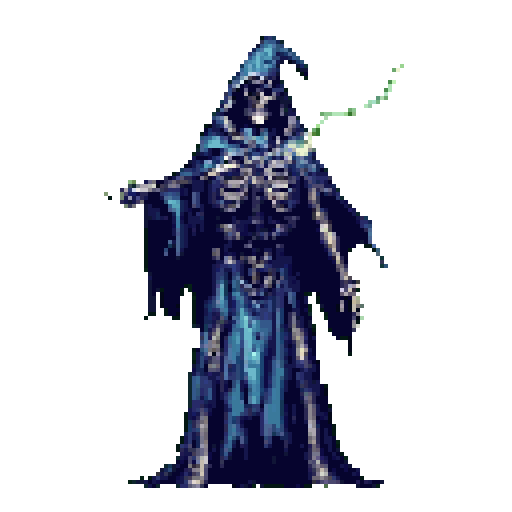 A pixel art Grim Reaper figure, cloaked and skeletal, stands ominously with outstretched hands, crackling with magical energy from a wand. Its dark, tattered robes and bone-white highlights against a dark green background evoke a sense of dread and powerful necromancy.