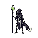 A pixelated Grim Reaper or necromancer, cloaked in darkness and wielding a glowing green staff, stands ready in the void. The skeletal figure's stark design and eerie green light evoke a sense of dark fantasy and ominous power.