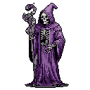 An imposing pixel art lich, clad in regal purple robes, stands ready with a serpentine-headed staff, radiating dark fantasy power. The skeletal figure's detailed design and ominous presence evoke a classic, malevolent entity.