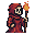 A mysterious, robed skeletal figure holds a flaming staff, its blank face and muted colors creating an ominous presence. The pixel art evokes a dark mage or spectral being, ready to unleash its fiery power.