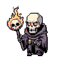 A pixel art necromancer, staff topped with a flaming skull in hand, gestures with arcane power. The skeletal figure, rendered in dark purples and greys with glowing orange eyes, exudes an ominous and mystical aura.