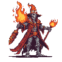A powerful skeletal wizard, adorned in a red and gold robe and flaming hat, commands attention with fiery magic in this striking pixel art piece. The undead sorcerer's ornate attire and glowing staff hint at a dark and potent power.