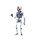 This pixel art features a skeleton nurse, complete with a white cap and a prominent red cross, striking a humorous yet slightly macabre pose. The stark contrast of the white figure against the black void emphasizes the unexpected combination of death and care.