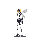 A whimsically eerie pixel art image features a skeleton fairy with insect wings and flowing hair, gesturing with its hand against a stark black backdrop. The tattered clothing and skeletal form create a unique blend of macabre and fantastical.