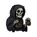 This pixel art shows the Grim Reaper in a dark robe, humorously inspecting or presenting two small sacks. The skeletal figure's toothy grin adds an unexpected twist to the ominous scene.