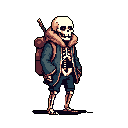 This pixel art depicts a relaxed, slightly mischievous Sans-like skeleton with a toothy grin, casually posed with a backpack. The muted color palette and detailed bone structure create a nostalgic yet slightly eerie feel.