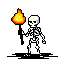 A pixelated skeleton holds a glowing ball of fire in this simple, classic sprite, the vibrant orange flames sharply contrasting against the stark black background.