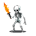 A pixelated skeleton warrior brandishes a flaming sword in this striking image. The cartoonish figure's dynamic pose and the vibrant flames create a high-contrast and energetic scene.