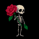 A pixel art skeleton holds a vibrant red rose, a poignant contrast of life and death rendered in a somber yet whimsical style. The image focuses on the skeletal figure and the rose, set against a stark black background.