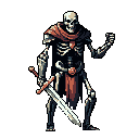 A menacing pixel art skeleton warrior stands ready for battle, adorned with tattered cloth and a gem, its sword poised against a stark black backdrop. The light beige of the bones contrasts with the muted red/brown of the cloth.