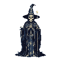 A pixelated skeletal wizard, cloaked in arcane robes and wielding a wand, stands against a stark background, radiating a macabre yet mystical aura. The simple composition and muted color palette enhance the old-school fantasy aesthetic of this undead sorcerer.
