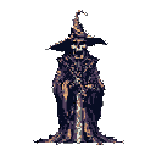 A pixelated grim reaper, cloaked in dark robes, stands ominously with a scythe, its skeletal face a silent scream. The limited color palette emphasizes the foreboding and deathly vibe of this classic personification of mortality.