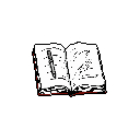 This pixel art image features an open book with a pen resting on its pages, rendered in a stark black and white style. The minimalist design and limited color palette give it a retro, iconic feel.