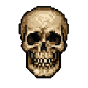 This pixel art image features a stark, centrally-placed skull rendered in beige and brown tones against a black void, evoking themes of mortality. Detailed pixel work creates a realistic yet stylized depiction of bone texture and depth.