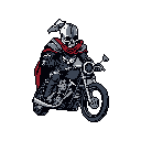 A skeletal rider, clad in dark armor and a flowing red scarf, speeds forward on a classic motorcycle in this striking pixel art image. The figure's aggressive pose and spiked helmet evoke a gothic and defiant vibe.
