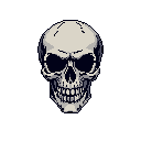 This pixel art image presents a stark and ominous skull, rendered in high-contrast beige and grey tones against a void-black background. The skull's direct gaze and detailed shading create a compelling, melancholic meditation on mortality with a hint of retro aesthetic.