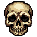 This pixel art image features a stylized human skull, rendered in muted yellows and browns against a stark black void. The somber, minimalist design evokes a sense of mortality and finality.