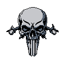 A menacing pixel art skull with crossbones emerges from the black void, its stark gray tones and sharp details creating a powerful and iconic symbol. The design evokes a sense of danger and retro gaming aesthetics.