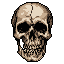 This pixel art image presents a somber and striking skull rendered in sepia tones, its tilted pose and stark presentation against a black backdrop creating a macabre yet dignified feel. The limited palette and retro style evoke a nostalgic, vintage aesthetic.