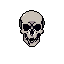 A pixelated skull rendered in grayscale stands starkly against a black backdrop, its empty gaze and muted tones creating a macabre and retro-inspired image.